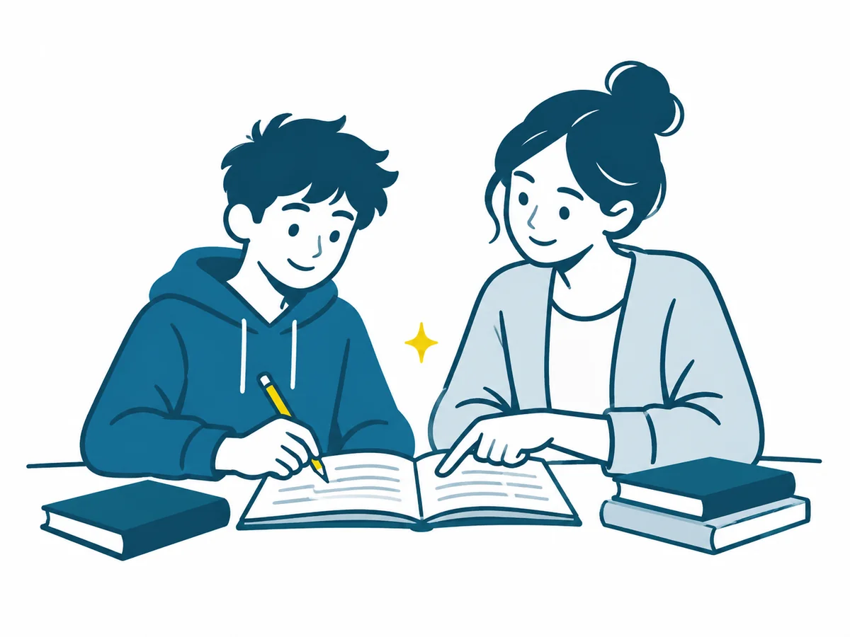 Illustration: Eine Lehrkraft erklärt einem Schüler eine Aufgabe